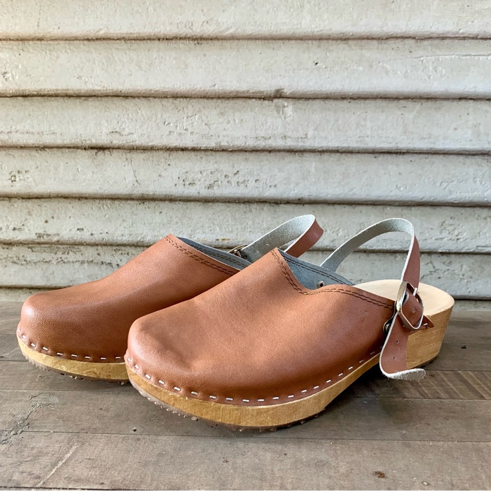 Sold MIA Slingback Wooden Mule Brown Faux Leather Clogs size EU 38